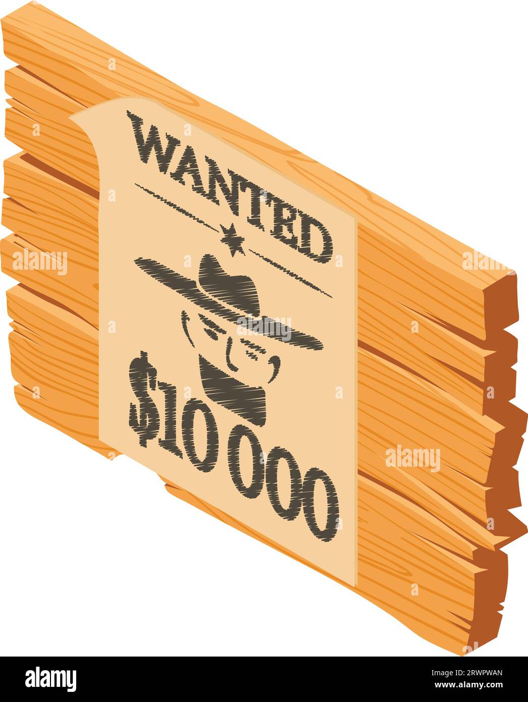 Icona Wild West vettore isometrico. Icona del vecchio poster Wanted su una tavola di legno. Simbolo del Texas, occidentale Illustrazione Vettoriale