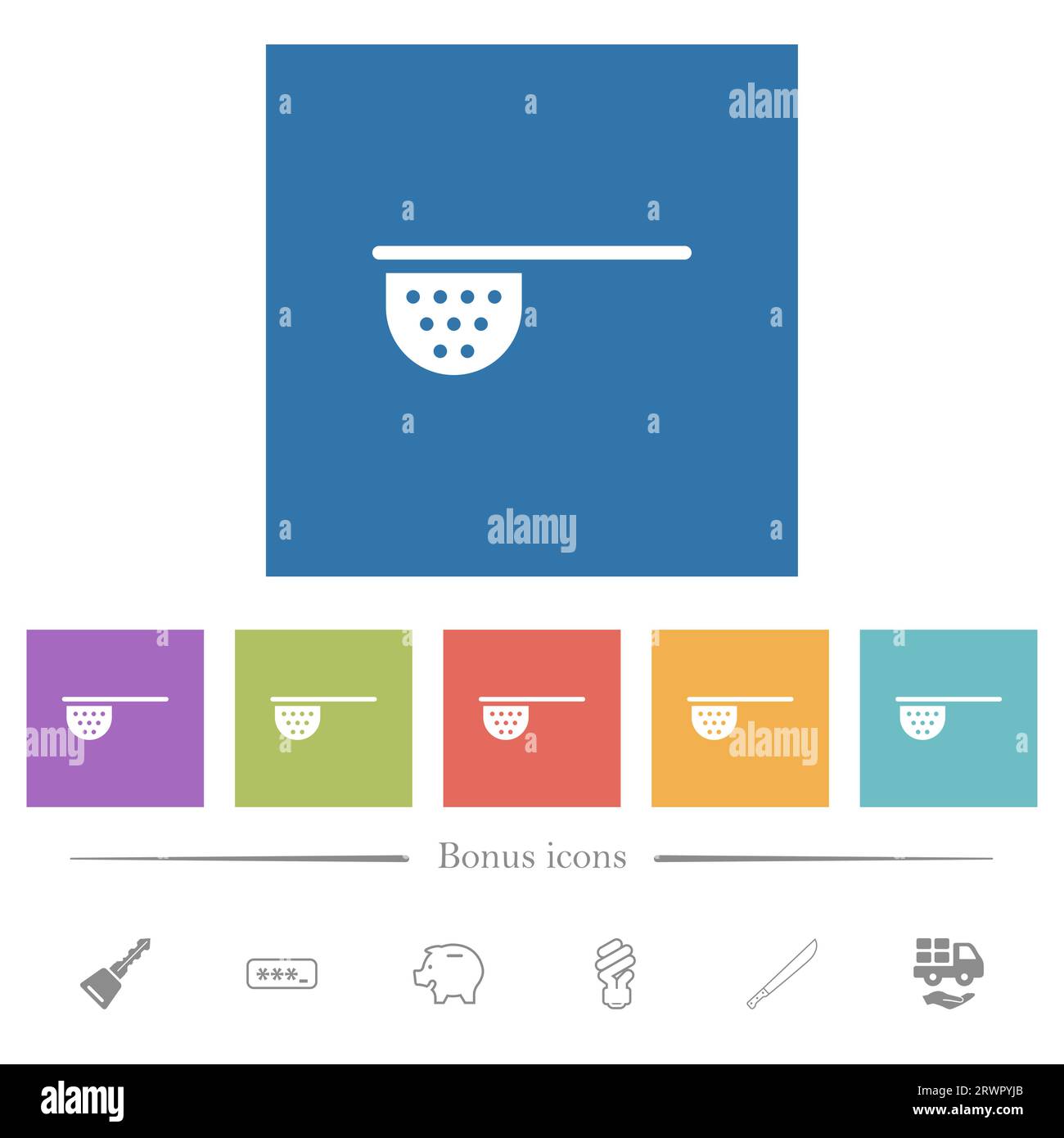 Icone bianche piatte coloranti per tè su sfondi quadrati. 6 icone bonus incluse. Illustrazione Vettoriale