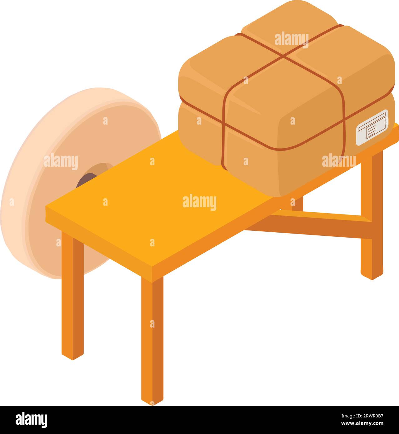 Icona attrezzatura da officina vettore isometrico. Mola rotonda e pacco postale. Attrezzatura, pezzo di ricambio, consegna Illustrazione Vettoriale