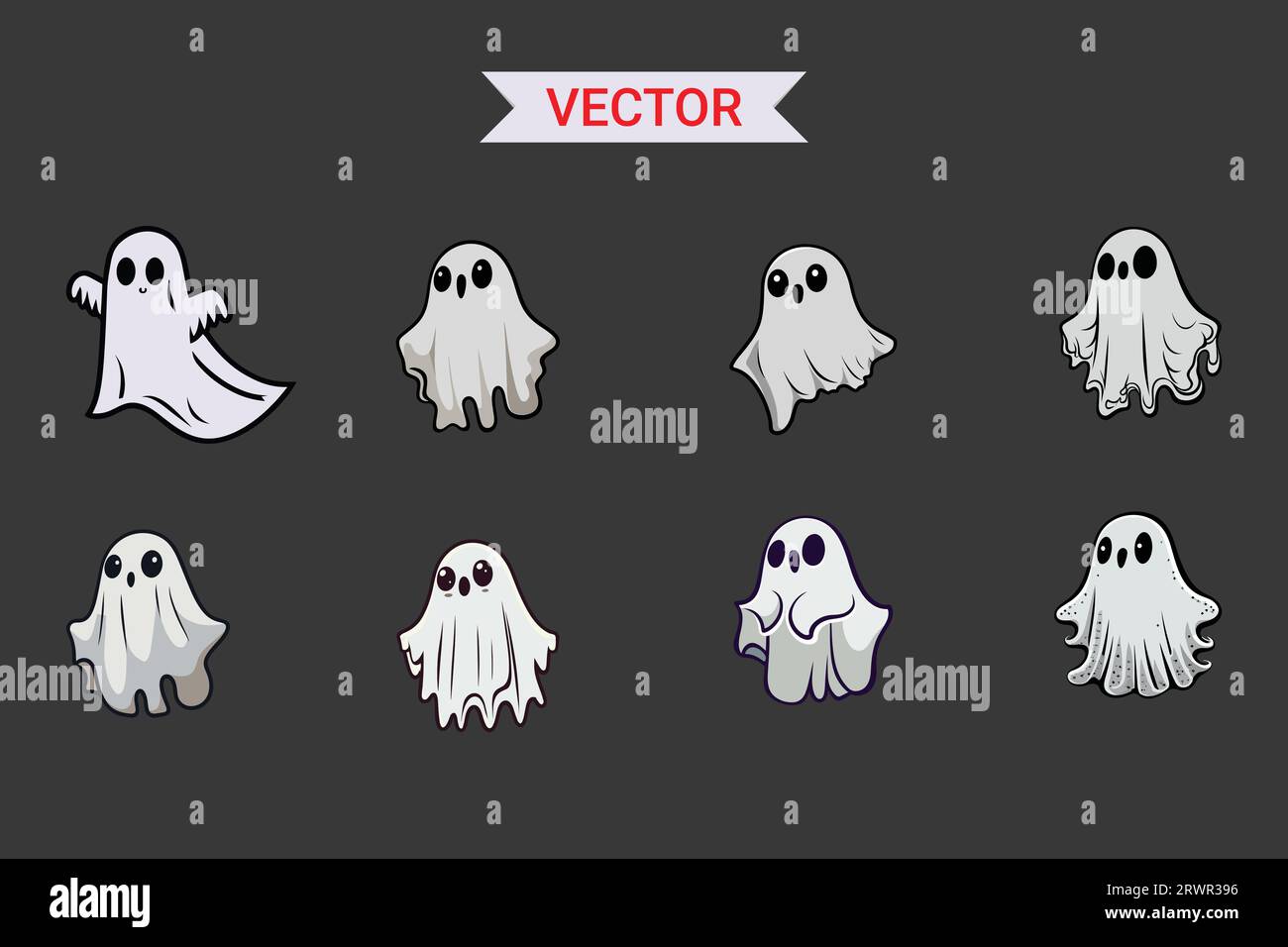 Set di Ghost in tessuto. Halloween spaventosi mostri fantasmi. Carino cartone animato con personaggi spaventosi. Illustrazione Vettoriale