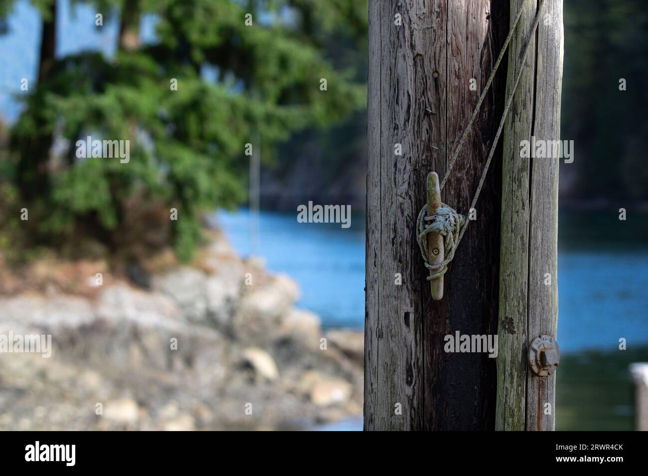 Banchina di ancoraggio su palo di legno sull'isola di Bowen, British Columbia, Canada. Foto Stock