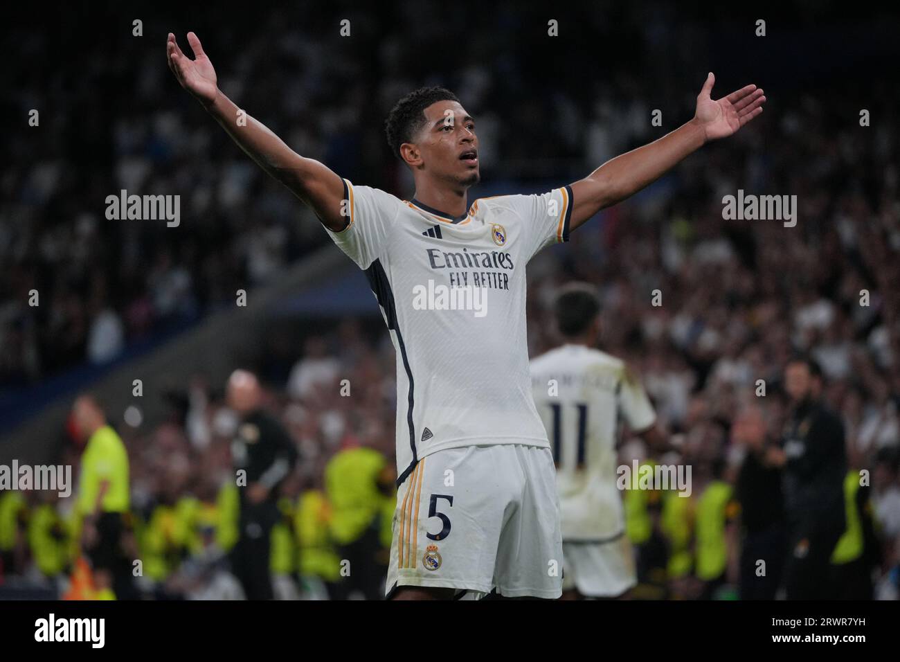 Madrid, Spagna. 20 settembre 2023. Jude Bellingham del Real Madrid celebra un gol durante la partita di UEFA Champions League del gruppo C tra Real Madrid e Union Berlin a Madrid, in Spagna, il 20 settembre 2023. Crediti: Yuheng Zhang/Xinhua/Alamy Live News Foto Stock
