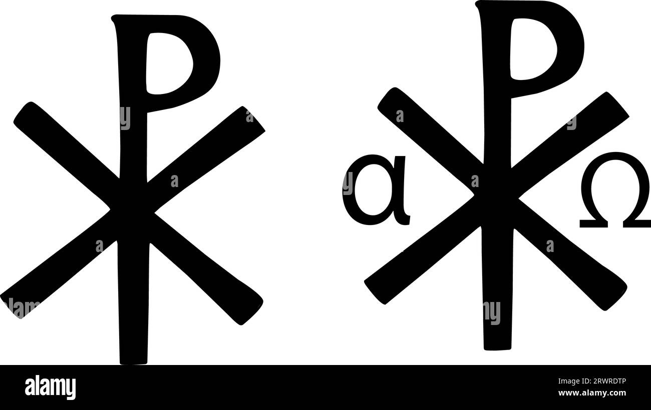 Monogramma cristiano dell'icona di Gesù Cristo. Il segno del Salvatore. Il simbolo del Signore nostro Dio. Simbolo Christian Sacro chi Rho, logo versione Alpha e Omega. piatto Foto Stock