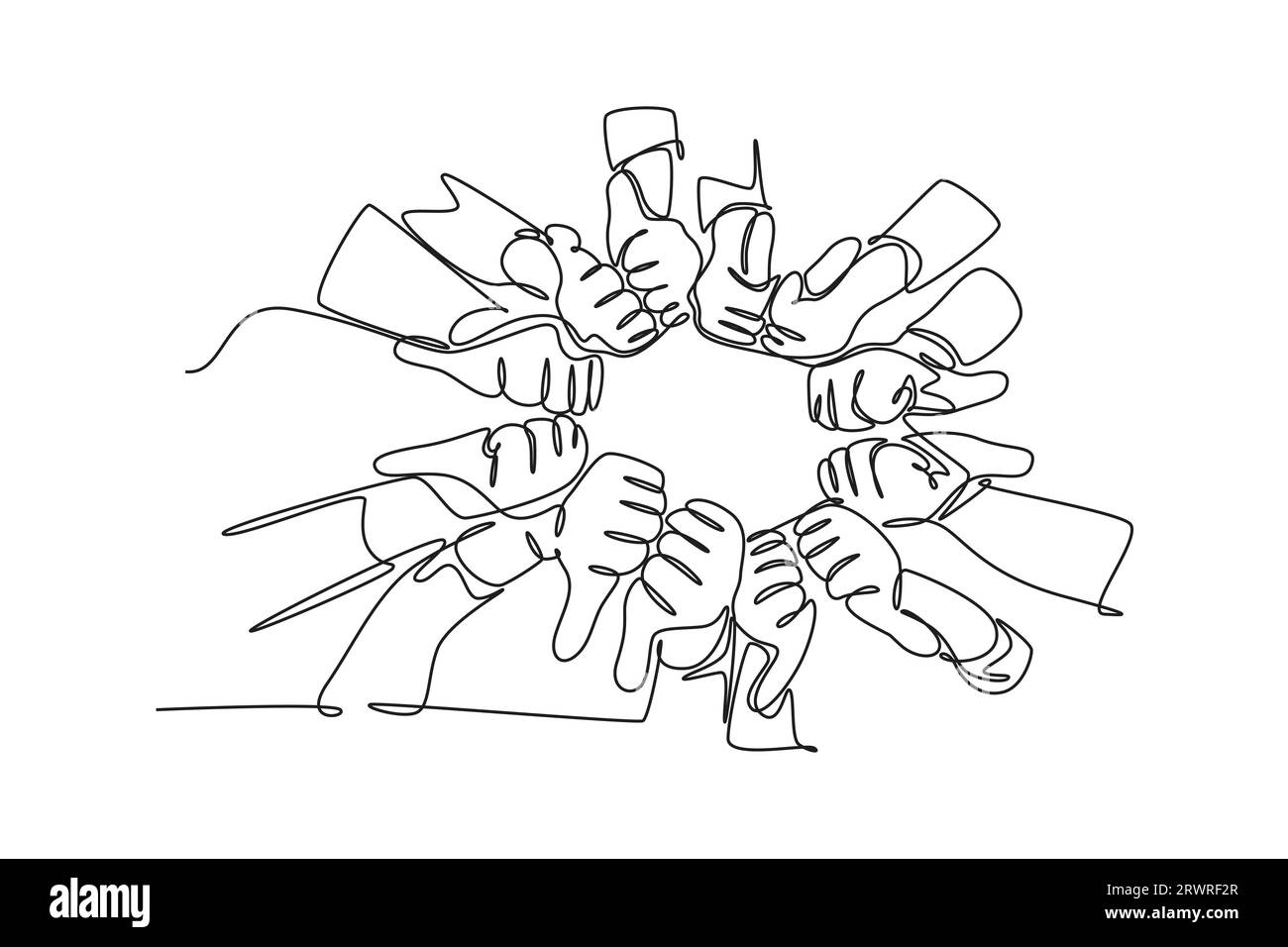 Disegno a una riga delle mani del braccio con i pollici verso l'alto e il pollice verso il basso. Buona eccellenza e pessima idea di servizio. Continu moderno Foto Stock