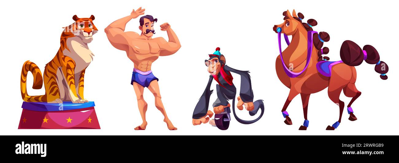 Circus Strongman e animali addestrati isolati su sfondo bianco. Cartoni animati vettoriali che mostrano i muscoli dell'atleta, tigre seduto sul podio, scimmia in sella a un monociclo, passeggiate a cavallo nell'arena Illustrazione Vettoriale