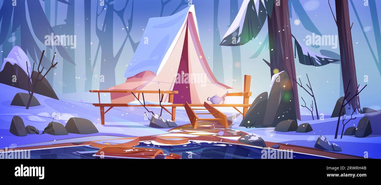 Campeggio invernale e attività ricreative all'aperto - tenda su patio in legno vicino al lago o laghetto nella foresta tra alberi ricoperti di neve. Paesaggio boschivo invernale con cartoni animati, ideale per vacanze e relax. Illustrazione Vettoriale