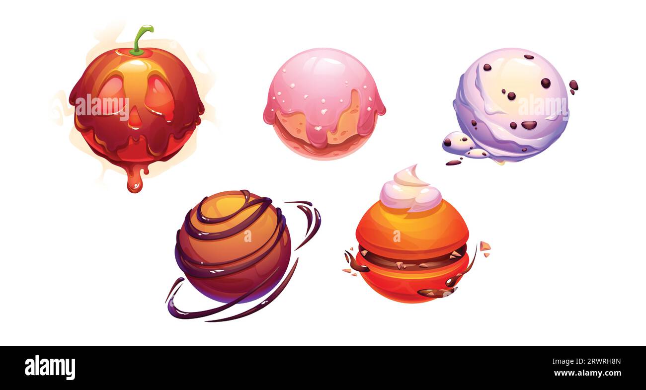 Pianeta zucca di Halloween per il set vettoriale dei cartoni animati del mondo dei giochi spaziali. Icona del cibo magico al cioccolato per la collezione di asteroidi fantasy ui o cosmici orbitali. Illustrazione rotonda colorata del dessert rosa Illustrazione Vettoriale