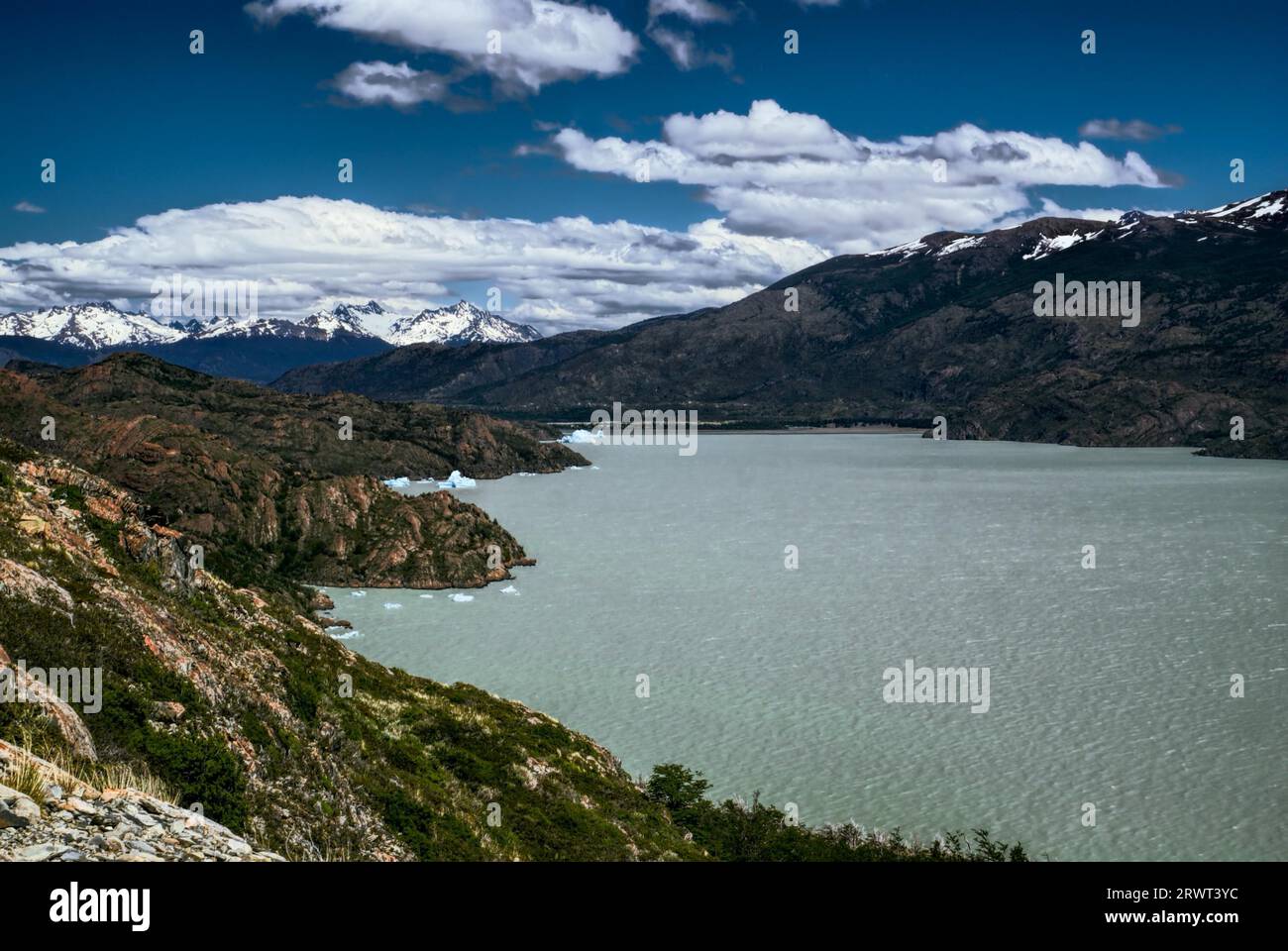 Incredibile vista delle pianure erbose che circondano un fiume nel parco nazionale Torres del Paine Foto Stock