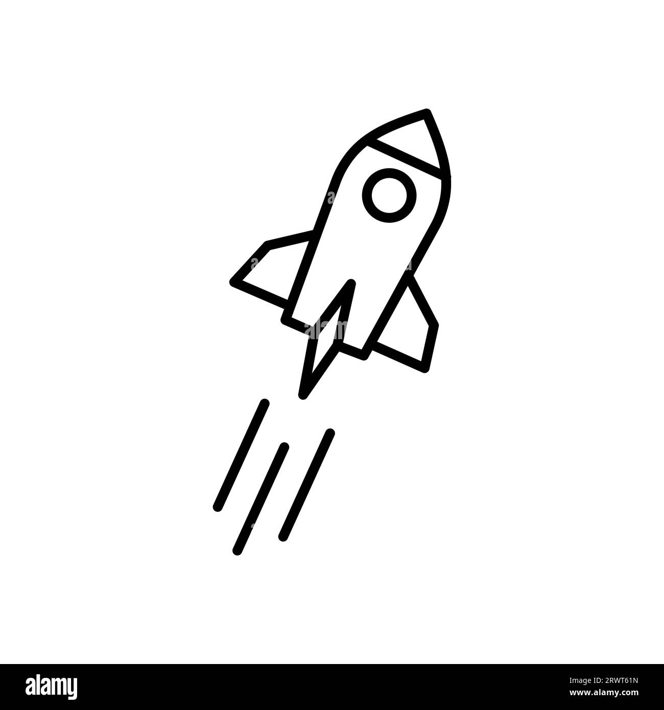 Lancio del razzo, icona di avvio in stile linea nera piatta, isolato su sfondo bianco Illustrazione Vettoriale