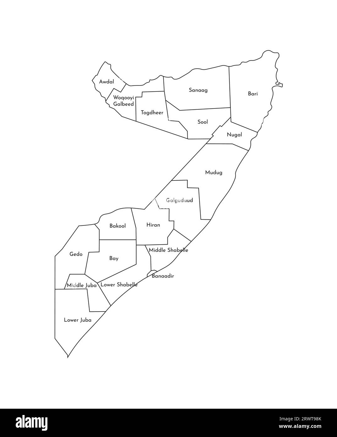 Illustrazione vettoriale isolata della mappa amministrativa semplificata della Somalia. Confini e nomi delle regioni. Silhouette nere. Illustrazione Vettoriale