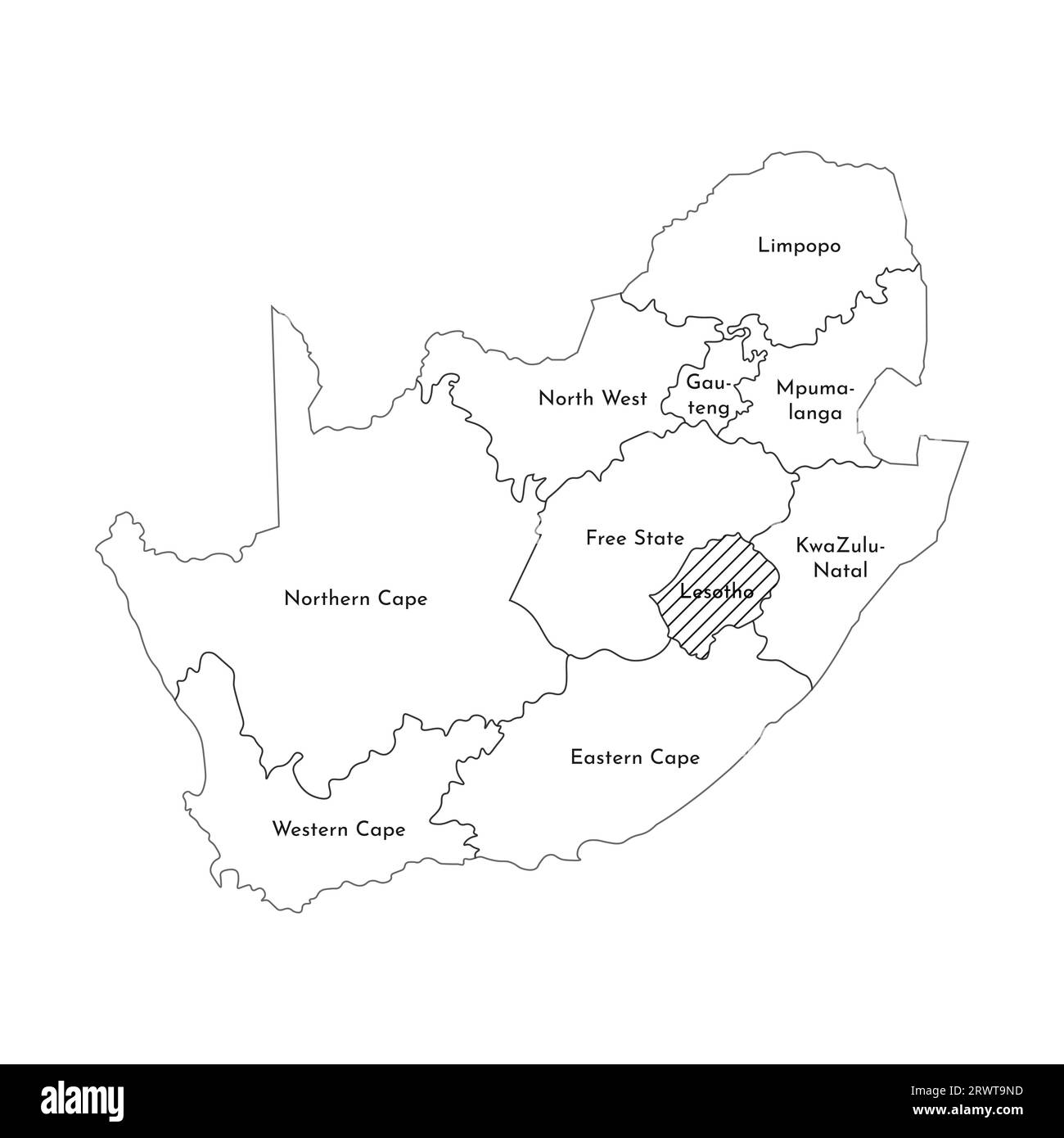Illustrazione vettoriale isolata della mappa amministrativa semplificata del Sudafrica. Confini e nomi delle regioni. Silhouette nere. Illustrazione Vettoriale