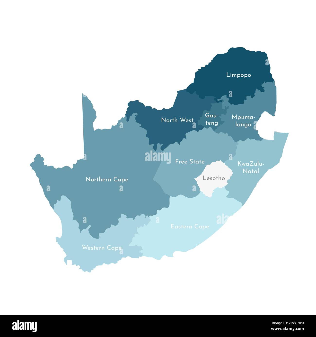 Illustrazione vettoriale isolata della mappa amministrativa semplificata del Sudafrica. Confini e nomi delle regioni. Sagome kaki blu colorato. Illustrazione Vettoriale