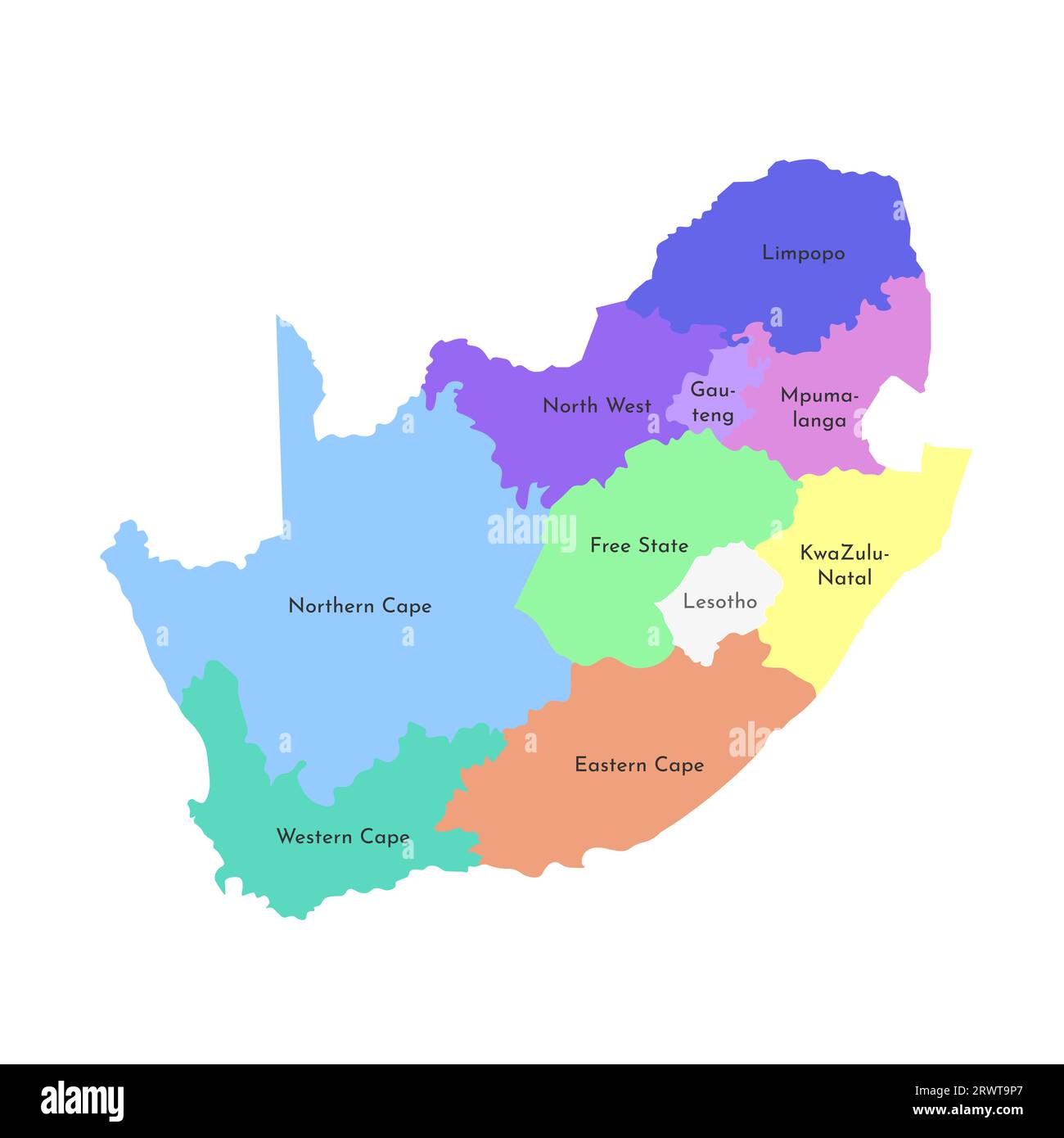 Illustrazione vettoriale isolata della mappa amministrativa semplificata del Sudafrica. Confini e nomi delle regioni. Silhouette multicolore Illustrazione Vettoriale
