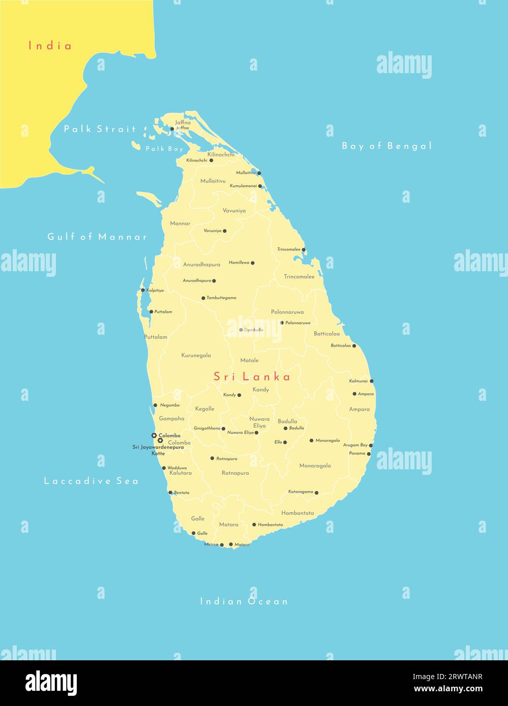 Illustrazione vettoriale moderna. Mappa geografica semplificata dello Sri Lanka (ana India parzialmente). Sfondo blu dell'Oceano Indiano, Baia del Bengala. Nomi di Illustrazione Vettoriale