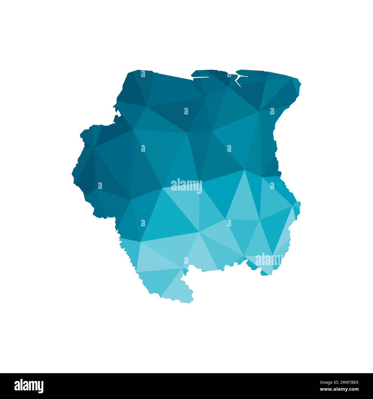 Icona di illustrazione vettoriale isolata con silhouette blu semplificata della mappa Suriname. Stile geometrico poligonale, forme triangolari. Sfondo bianco. Illustrazione Vettoriale