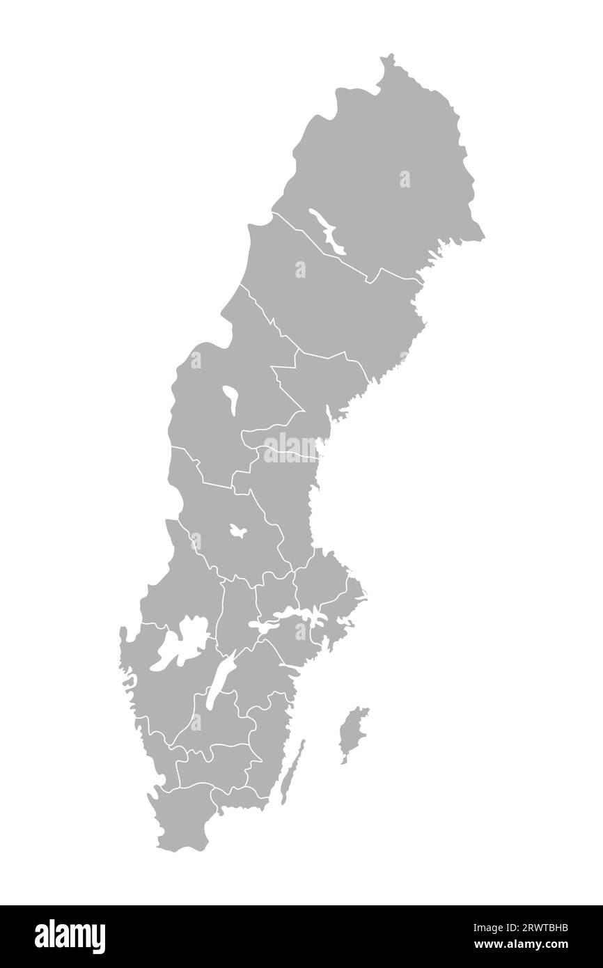 Illustrazione vettoriale isolata della mappa amministrativa semplificata della Svezia. Confini delle contee (regioni). Silhouette grigie. Contorno bianco. Illustrazione Vettoriale