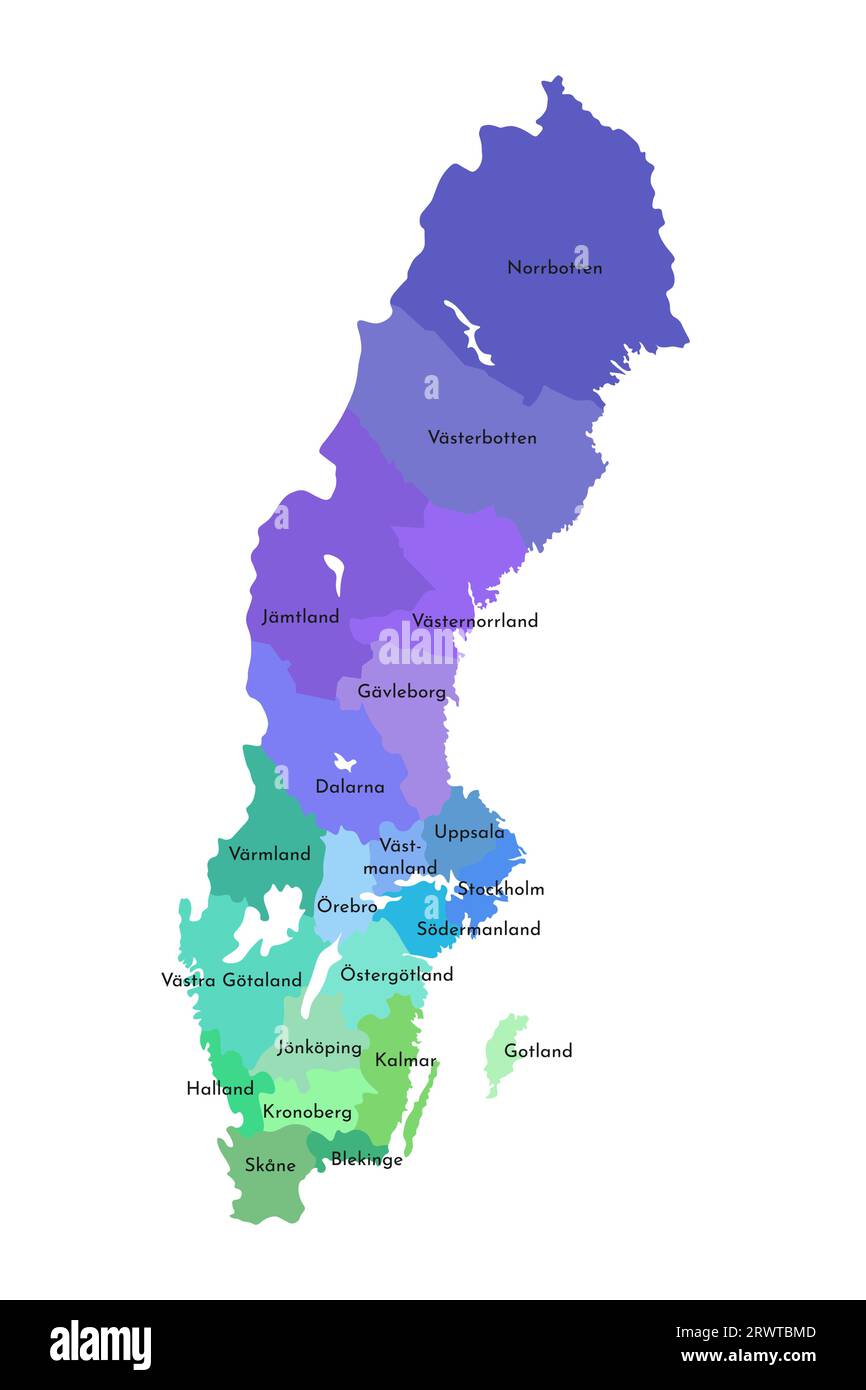 Illustrazione vettoriale isolata della mappa amministrativa semplificata della Svezia. Confini e nomi delle regioni. Silhouette multicolore. Illustrazione Vettoriale