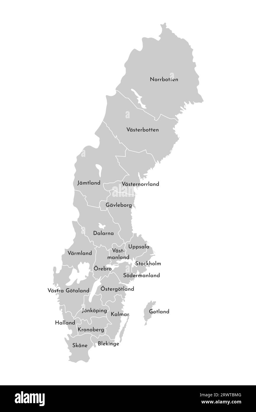 Illustrazione vettoriale isolata della mappa amministrativa semplificata della Svezia. Confini e nomi delle contee (regioni). Silhouette grigie. Contorno bianco. Illustrazione Vettoriale