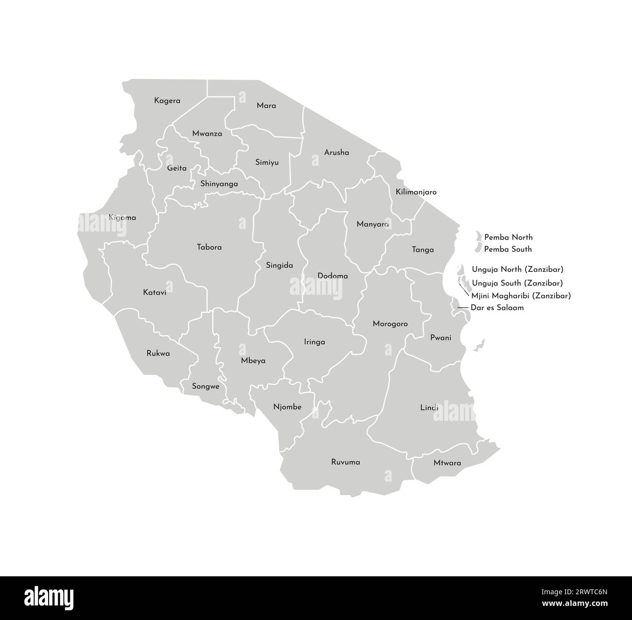 Illustrazione vettoriale isolata della mappa amministrativa semplificata della Tanzania. Confini e nomi delle regioni. Silhouette grigie. Contorno bianco. Illustrazione Vettoriale