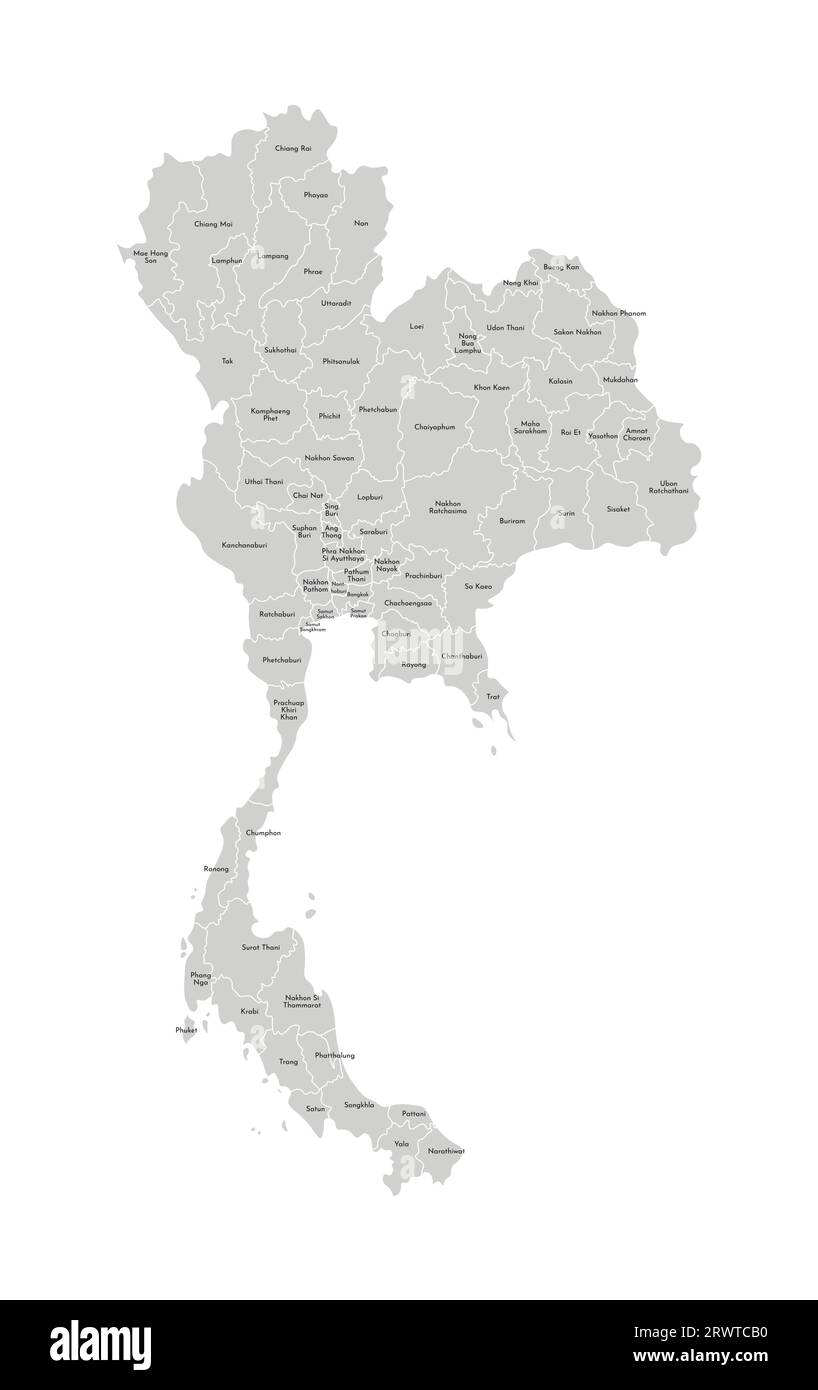 Illustrazione vettoriale isolata della mappa amministrativa semplificata della Thailandia. Confini e nomi delle province (regioni). Silhouette grigie. White outli Illustrazione Vettoriale