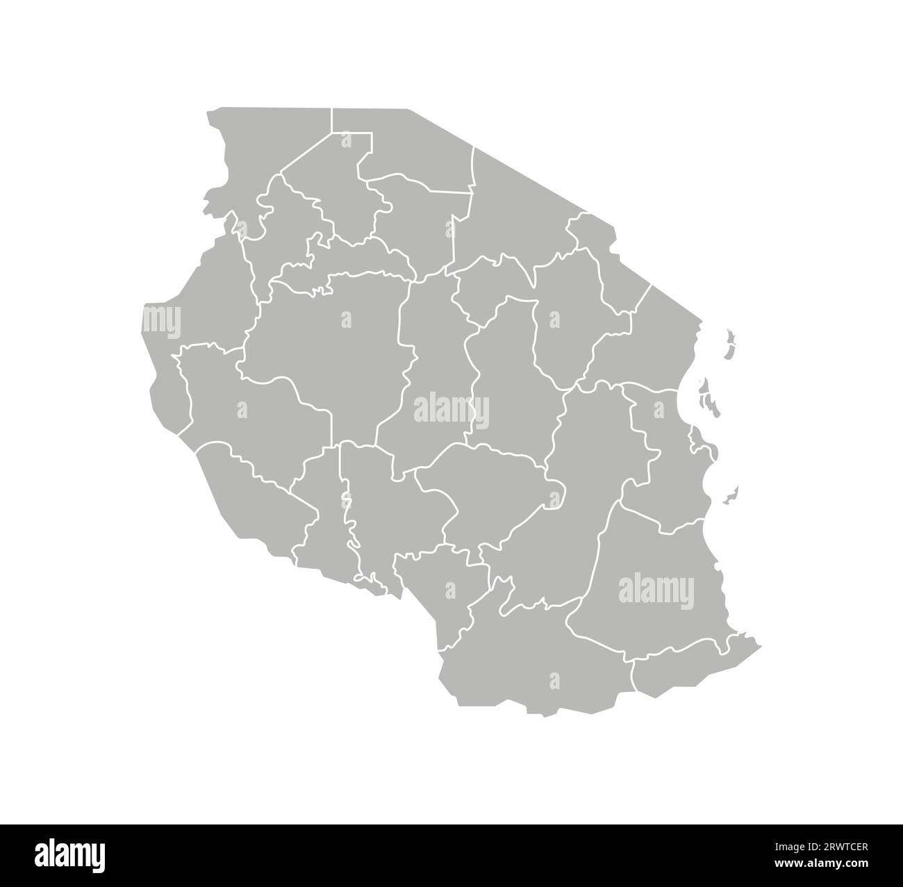 Illustrazione vettoriale isolata della mappa amministrativa semplificata della Tanzania. Confini delle regioni. Silhouette grigie. Contorno bianco Illustrazione Vettoriale