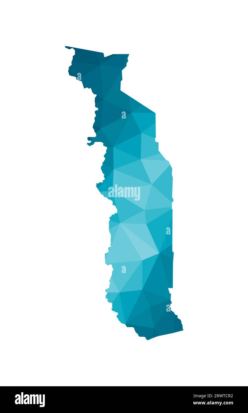 Icona di illustrazione vettoriale isolata con sagoma blu semplificata della mappa del Togo (Repubblica del Togo). Stile geometrico poligonale, forme triangolari. Bianco Illustrazione Vettoriale