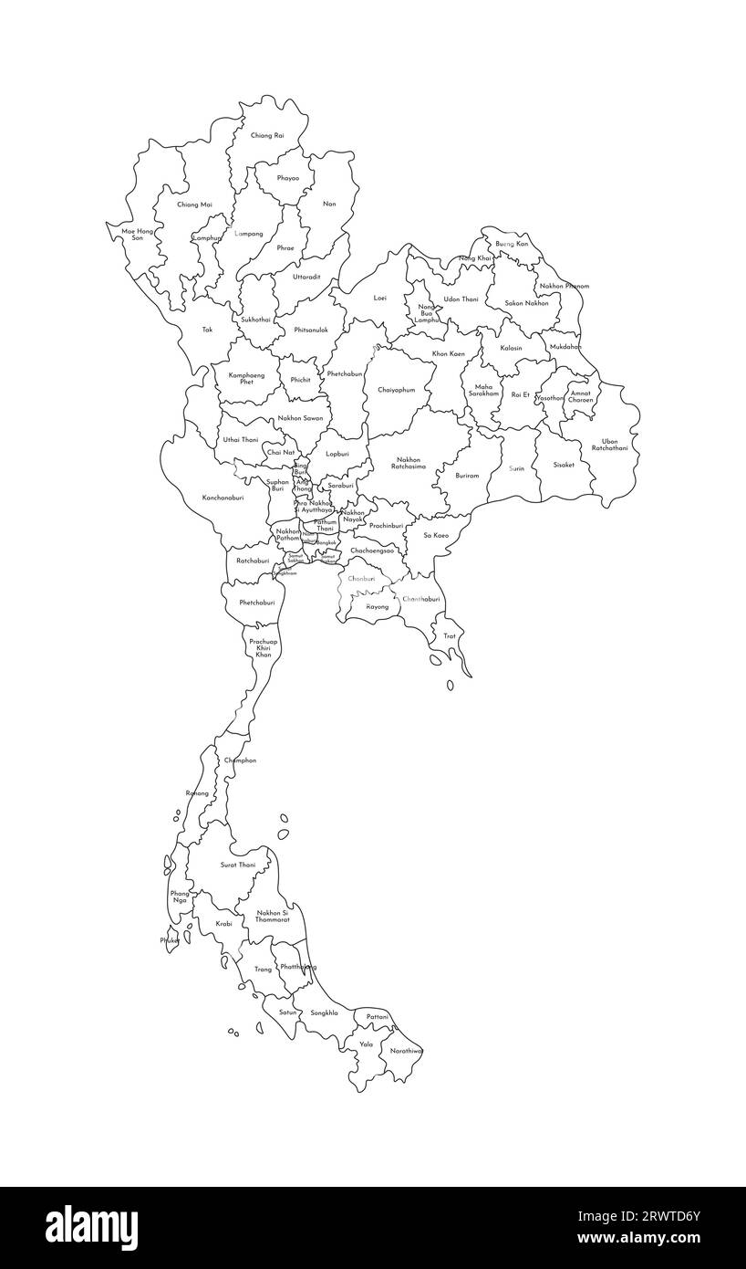 Illustrazione vettoriale isolata della mappa amministrativa semplificata della Thailandia. Confini e nomi delle regioni. Silhouette nere. Illustrazione Vettoriale