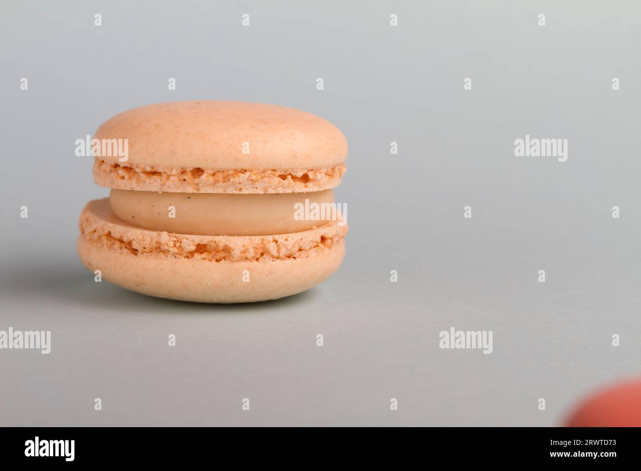 Primo scatto macro di un macaron, spuntino francese, su uno sfondo colorato. Foto Stock