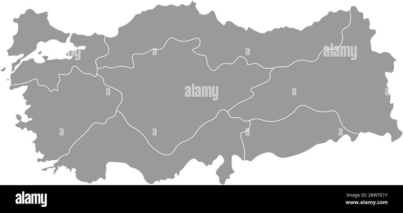Mappa semplificata isolata vettoriale delle regioni della Turchia. Confini delle divisioni amministrative. Silhouette grigie, sfondo bianco Illustrazione Vettoriale