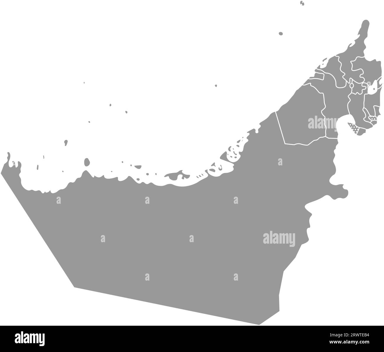 Illustrazione semplificata con isolamento vettoriale con silhouette grigia sulla terraferma degli Emirati Arabi Uniti (UAE) e confini degli emirati con i nomi. Sfondo bianco Illustrazione Vettoriale