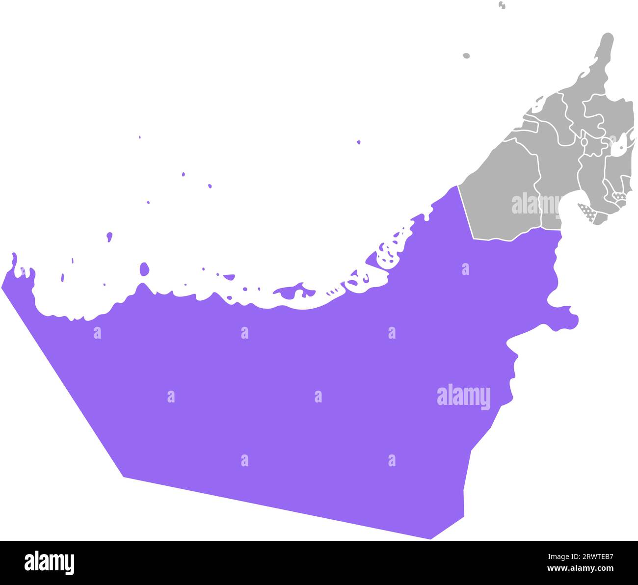 Illustrazione colorata con isolamento vettoriale con silhouette grigia degli Emirati Arabi Uniti (UAE), contorno viola della regione di Abu Dhabi e contorno bianco Illustrazione Vettoriale