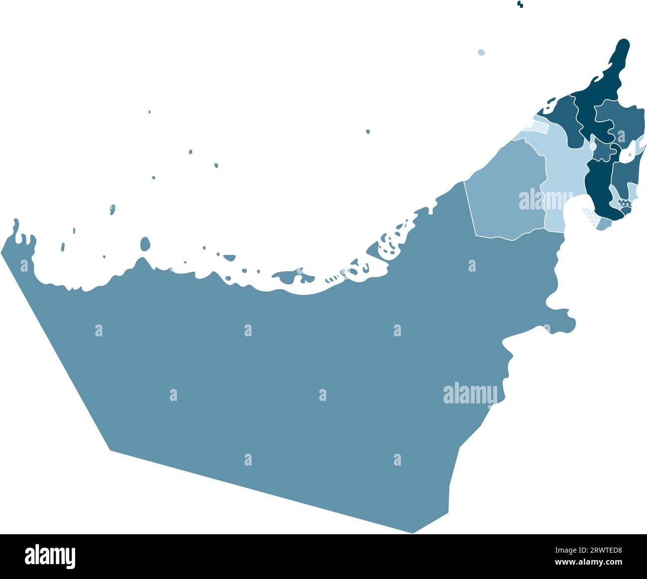 Illustrazione colorata con isolamento vettoriale con silhouette sulla terraferma degli Emirati Arabi Uniti (UAE) e confini degli emirati con i nomi. Sfondo bianco Illustrazione Vettoriale