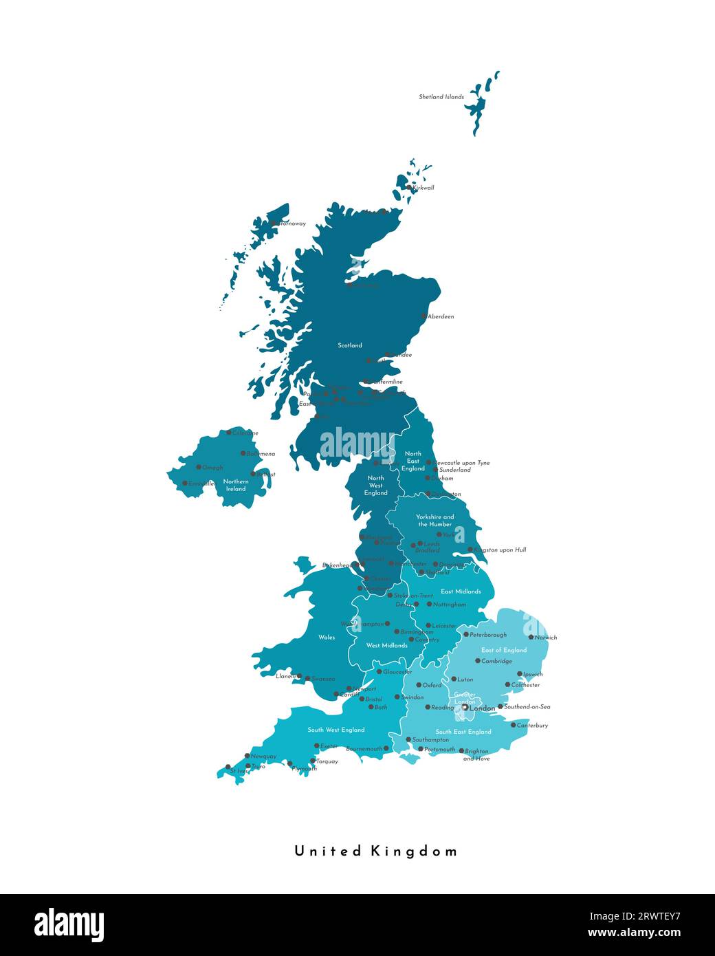 Illustrazione vettoriale moderna isolata. Mappa amministrativa semplificata del Regno Unito di Gran Bretagna e Irlanda del Nord (Regno Unito). Forme blu. Nomi di Illustrazione Vettoriale