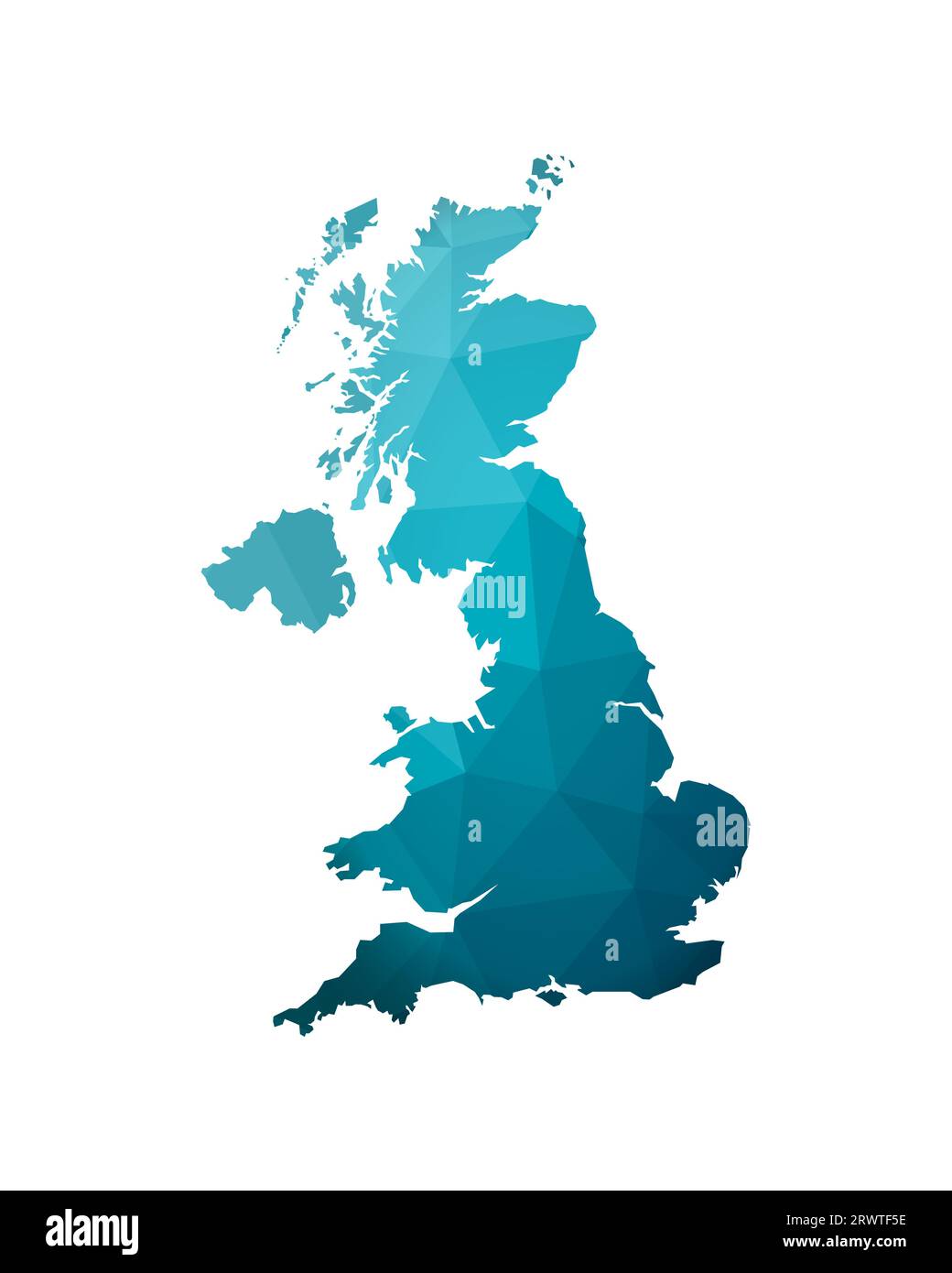 Illustrazione vettoriale isolata con forma mappa semplificata blu sfumato del Regno Unito di Gran Bretagna e Irlanda del Nord (Regno Unito). Poligonale geometrica Illustrazione Vettoriale