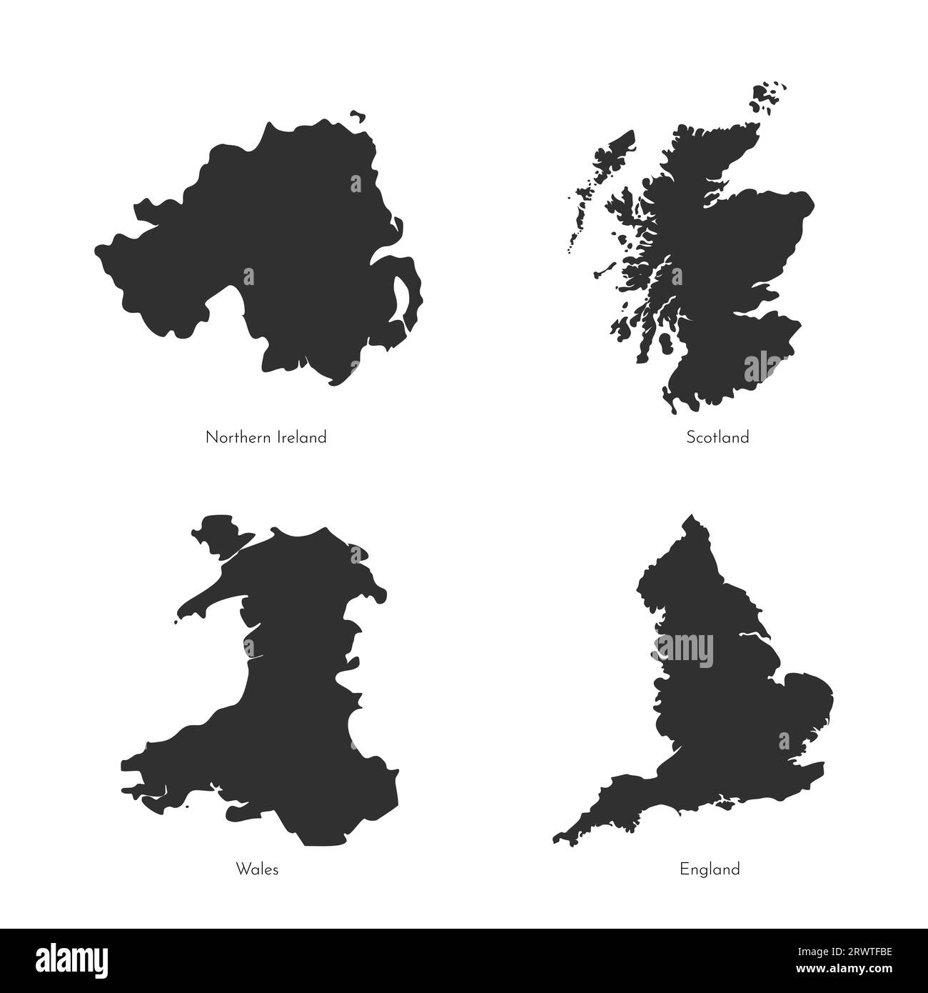 Serie vettoriale di illustrazioni isolate con mappe semplificate delle regioni del Regno Unito. Profilo grigio scuro di Scozia, Inghilterra, Irlanda del Nord, Galles (Regno Unito Illustrazione Vettoriale