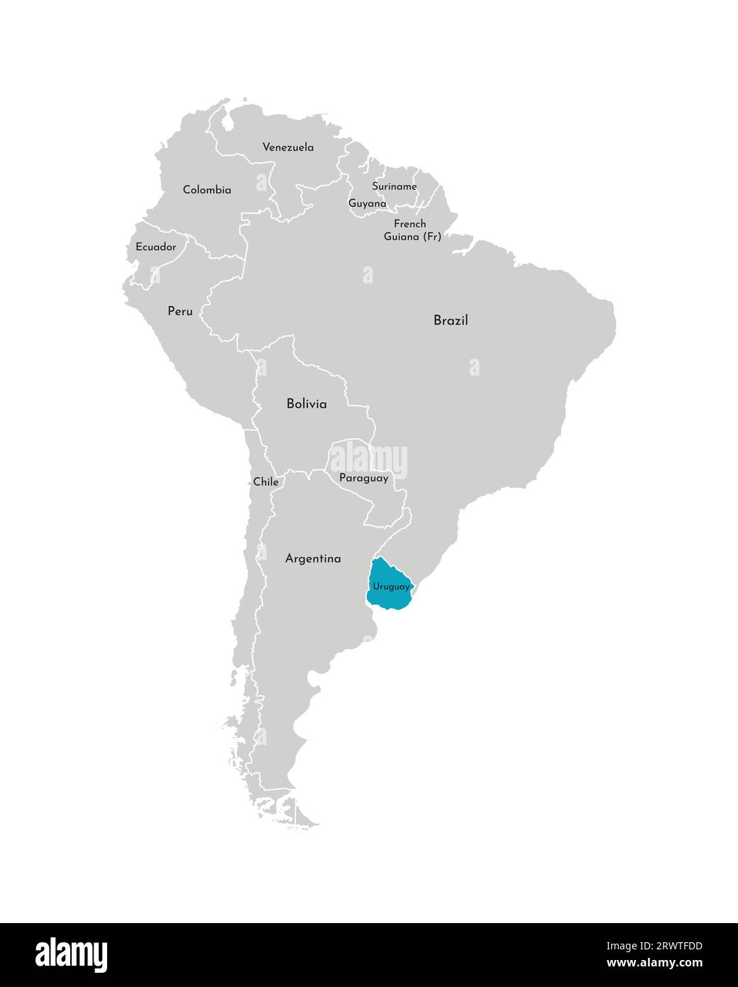 Illustrazione vettoriale con mappa semplificata del continente sudamericano con contorno blu dell'Uruguay. Silhouette grigie, contorno bianco del confine degli stati. Illustrazione Vettoriale