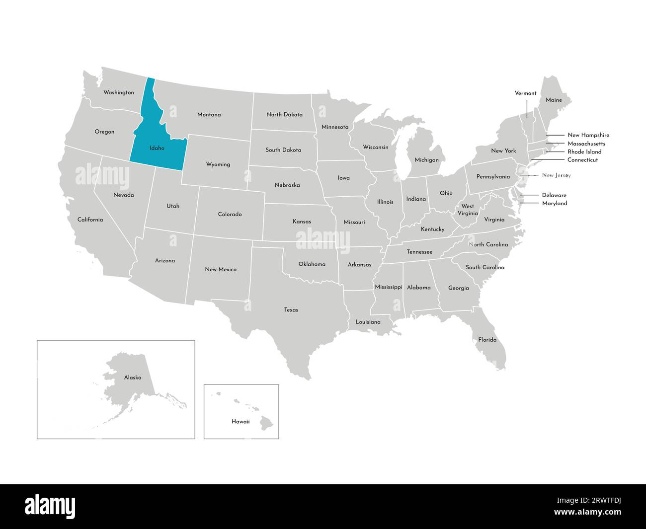 Illustrazione vettoriale isolata della mappa amministrativa semplificata degli Stati Uniti. Confini degli stati con nomi. Silhouette blu dell'Idaho (stato) . Illustrazione Vettoriale