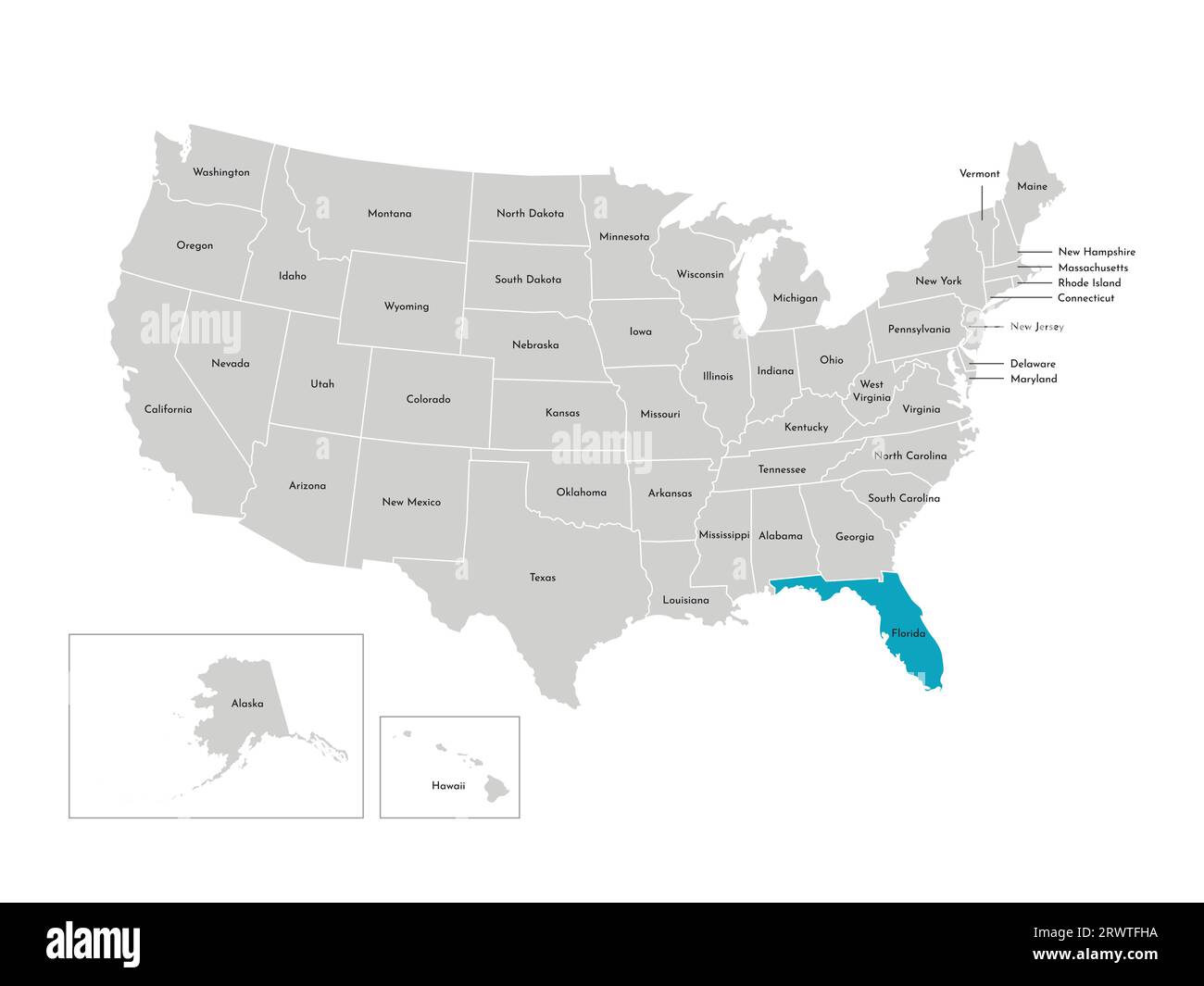 Illustrazione vettoriale isolata della mappa amministrativa semplificata degli Stati Uniti. Confini degli stati con nomi. Silhouette blu della Florida (stato). Illustrazione Vettoriale