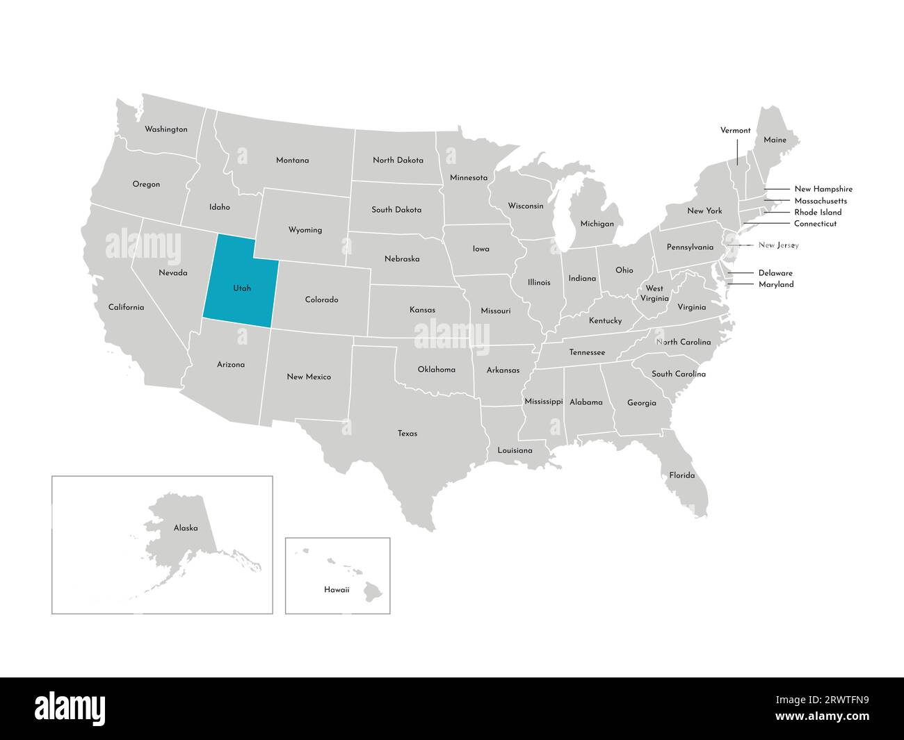 Illustrazione vettoriale isolata della mappa amministrativa semplificata degli Stati Uniti. Confini degli stati con nomi. Silhouette blu dello Utah (stato). Illustrazione Vettoriale