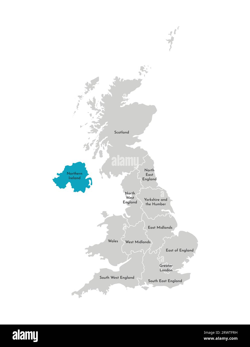 Illustrazione vettoriale isolata della mappa amministrativa semplificata del Regno Unito (Regno Unito). Forma blu dell'Irlanda del Nord. Confini e nomi della registrazione Illustrazione Vettoriale