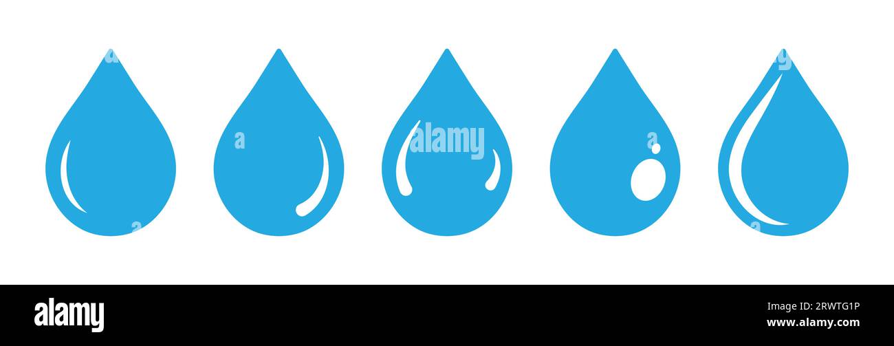 Gocce d'acqua di colore blu cielo. Forma a goccia d'acqua. Set di gocce d'acqua blu. Gocce d'acqua o d'olio. Stile piatto isolato su sfondo bianco - Vector Art Illustrazione Vettoriale