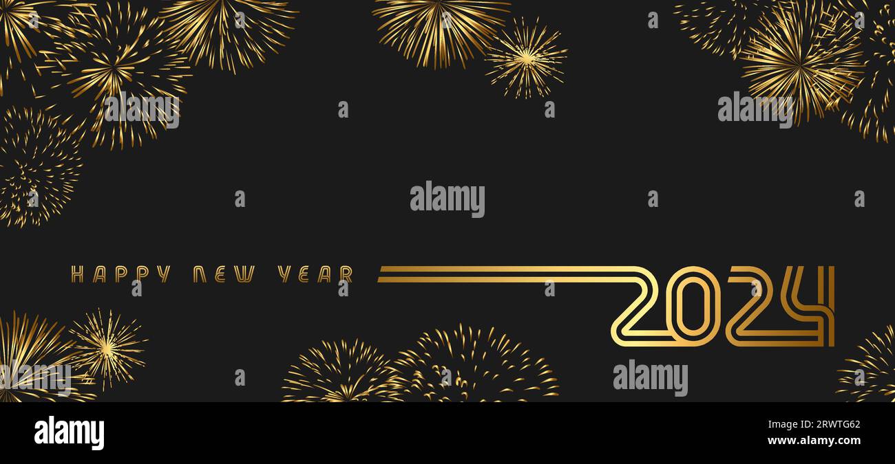 Buon Natale e felice anno nuovo congratulazioni 2024, sfondo dorato delle vacanze pirotecniche. Cifre linee decorative. Tipografia dorata, orizzontale creativa Illustrazione Vettoriale
