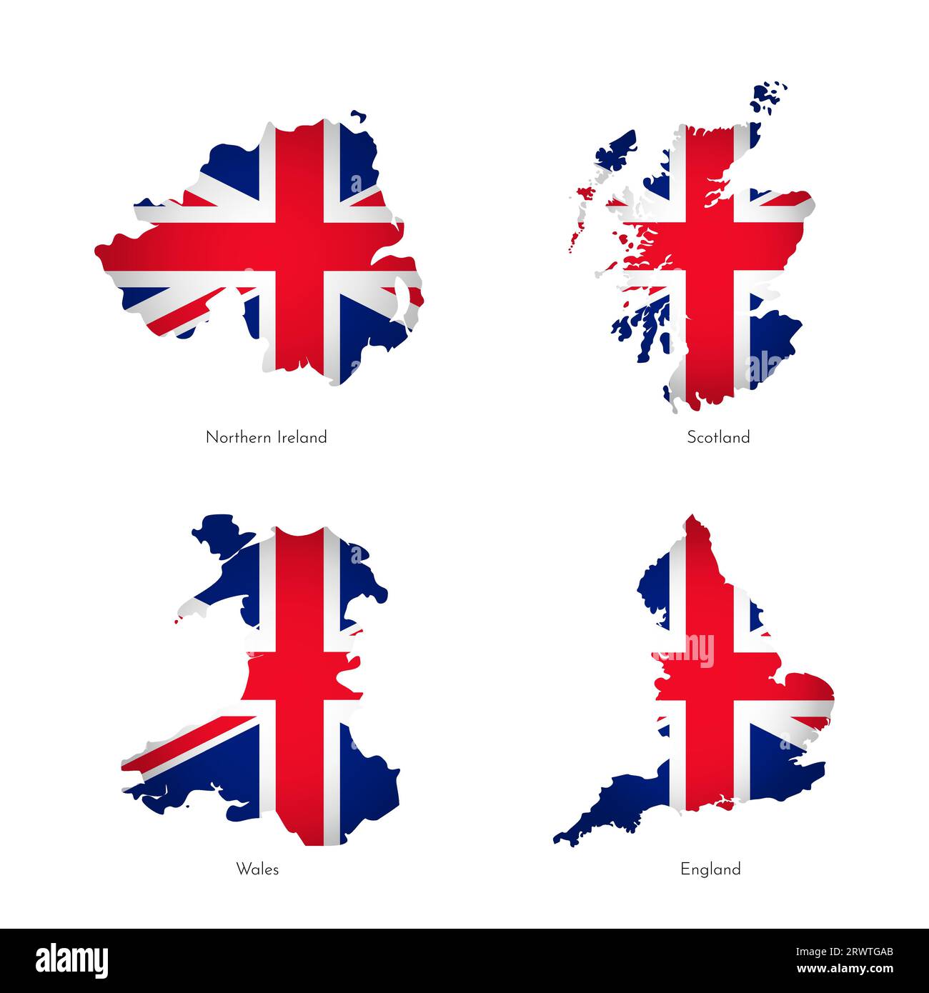 Illustrazioni vettoriali con mappe semplificate delle regioni del Regno Unito (Scozia, Inghilterra, Irlanda del Nord, Galles). Bandiera nazionale britannica con croce Illustrazione Vettoriale