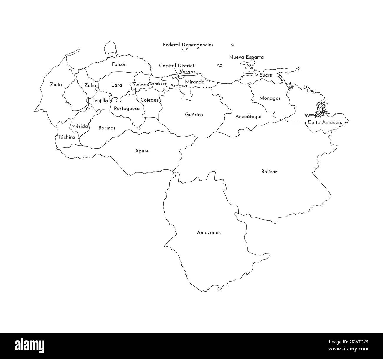 Illustrazione vettoriale isolata della mappa amministrativa semplificata del Venezuela. Confini e nomi delle regioni. Silhouette nere. Illustrazione Vettoriale