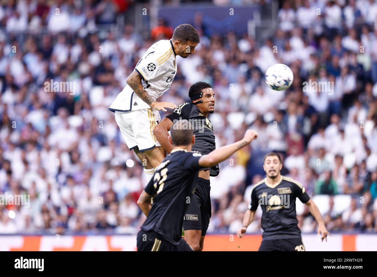 Joselu Mato del Real Madrid durante la UEFA Champions League, gruppo C, partita di calcio giocata tra Real Madrid e Union Berlin allo stadio Santiago Bernabeu il 20 settembre 2023, a Madrid, in Spagna. Foto Oscar J. Barroso / SpainDPPI / DPPI Foto Stock