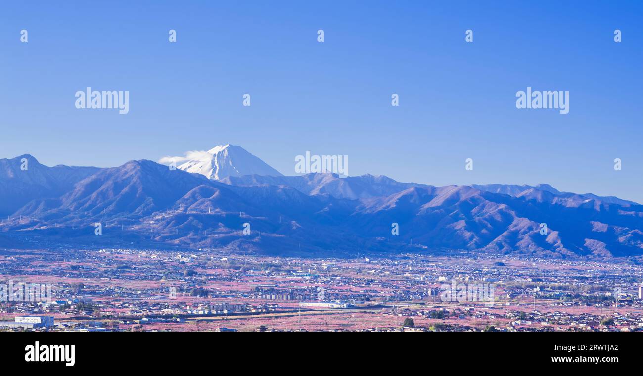 Paesaggi della Prefettura di Yamanashi la pesca fiorisce nella città di Yamanashi e il Monte Fuji in lontananza l'osservatorio senza nome Foto Stock