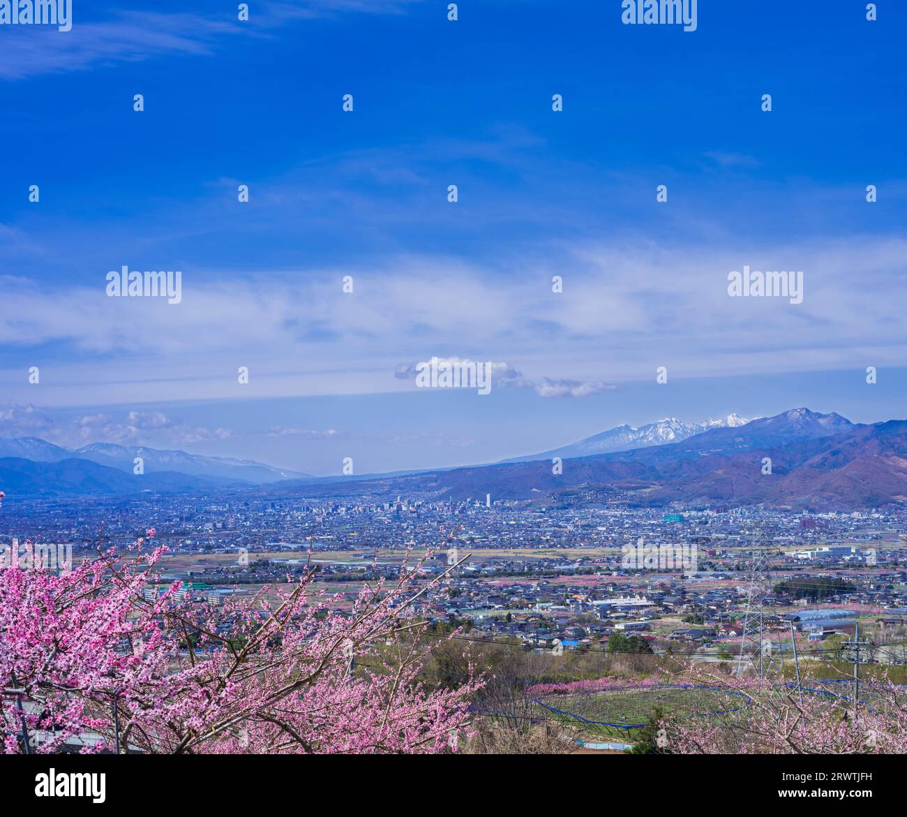 Bacino di Kofu e vista in lontananza del Monte Yatsushiro Furusato Park Foto Stock