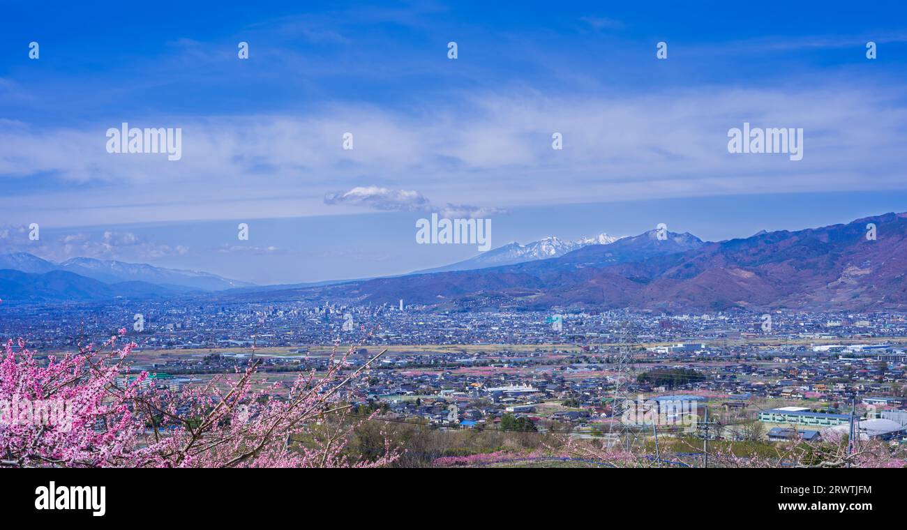 Bacino di Kofu e vista in lontananza del Monte Yatsushiro Furusato Park Foto Stock