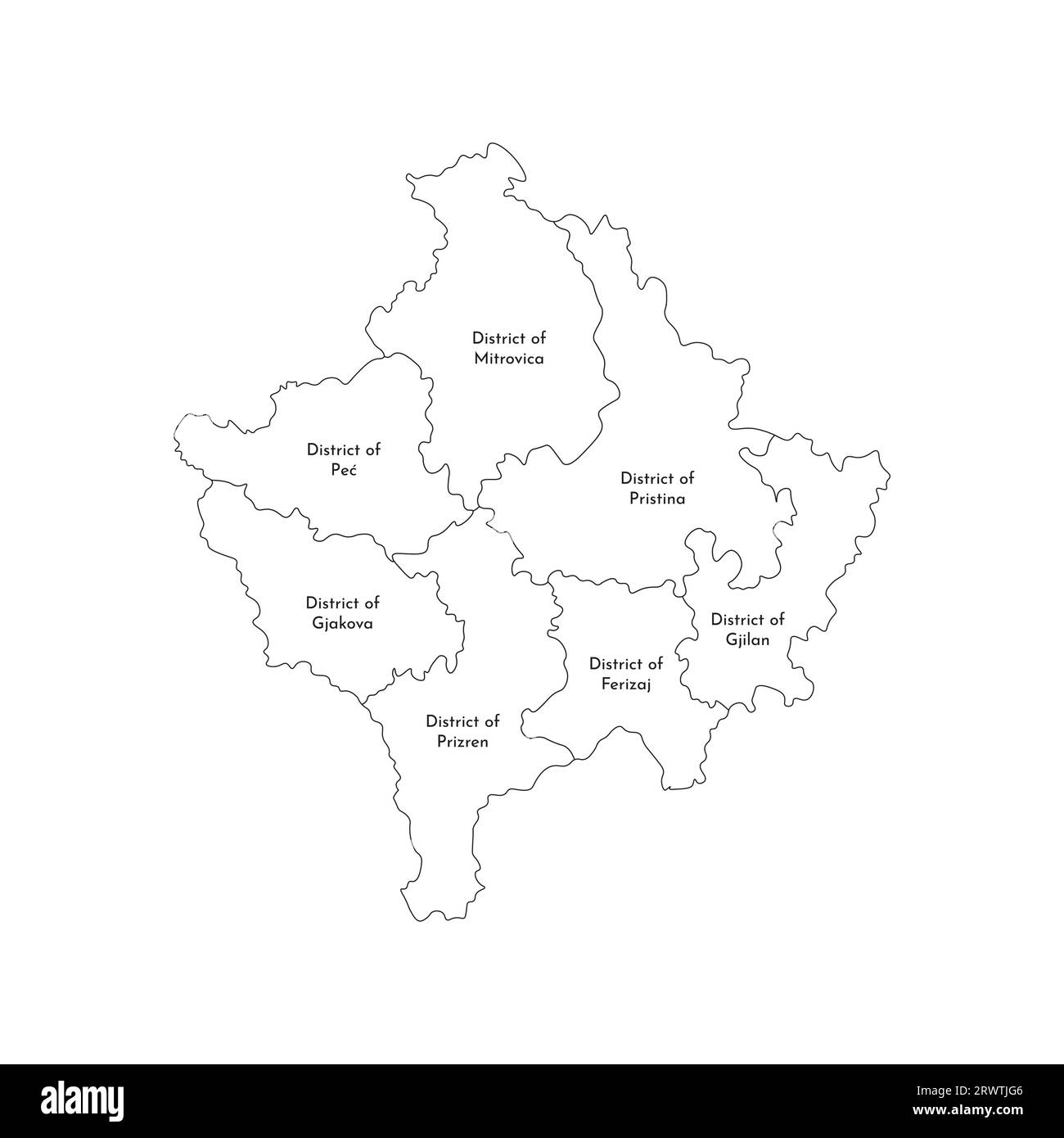 Illustrazione vettoriale isolata della mappa amministrativa semplificata del Kosovo. Confini e nomi dei distretti. Silhouette nere. Illustrazione Vettoriale