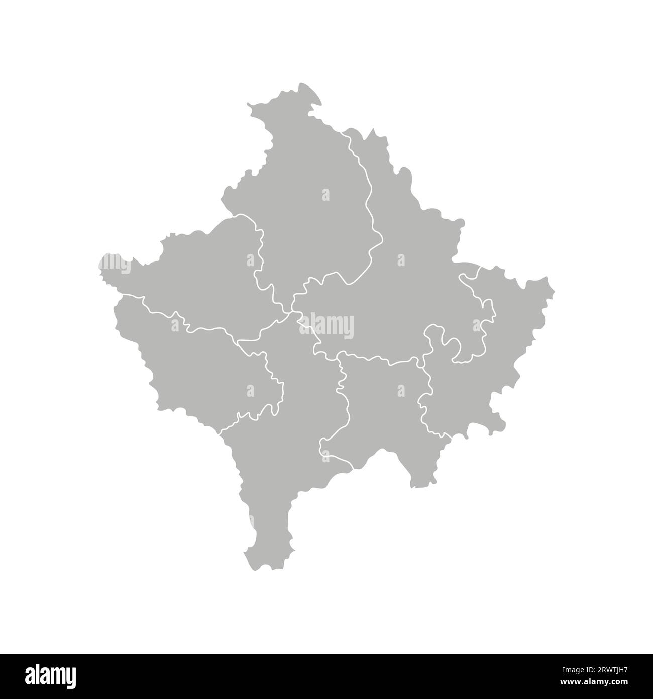 Illustrazione vettoriale isolata della mappa amministrativa semplificata del Kosovo. Confini dei distretti. Silhouette grigie. Contorno bianco. Illustrazione Vettoriale